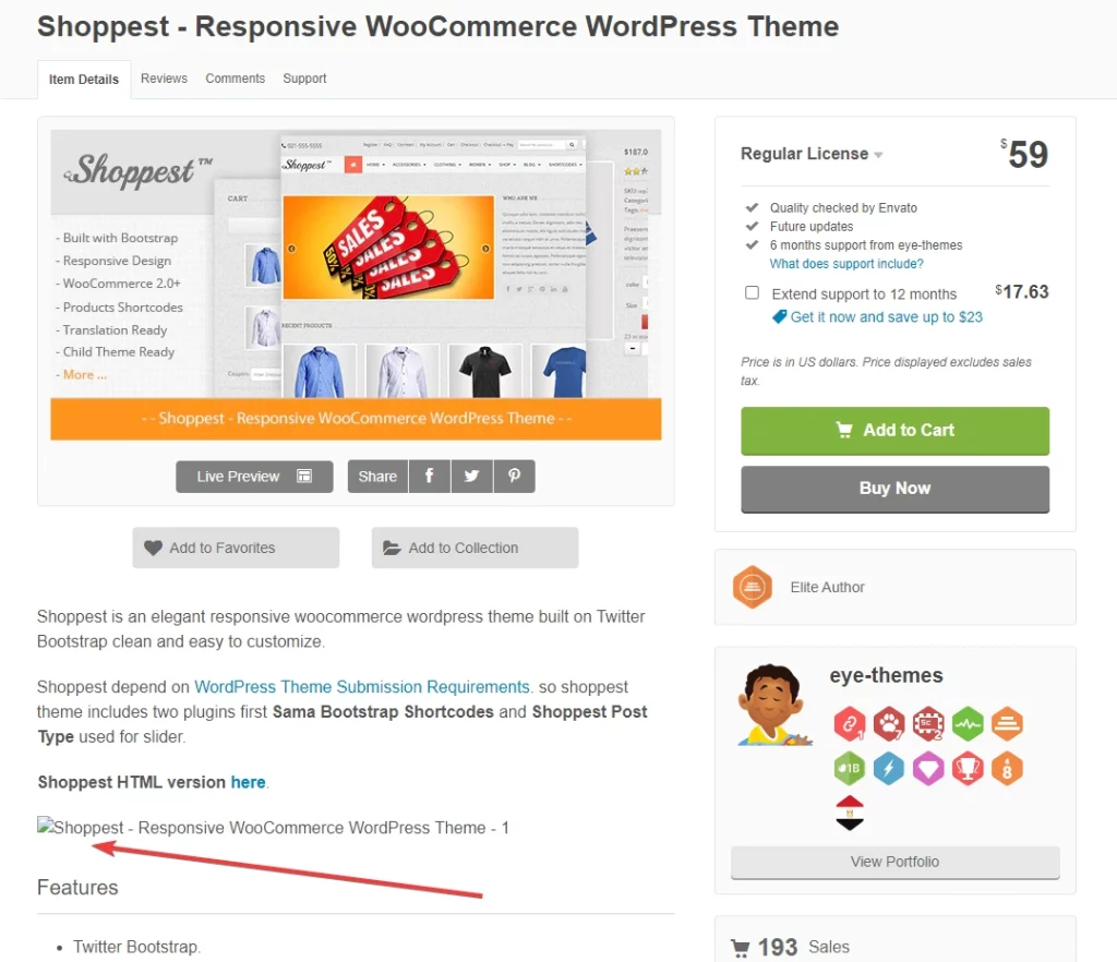 Страница продукта для темы "Shoppest" на WordPress.