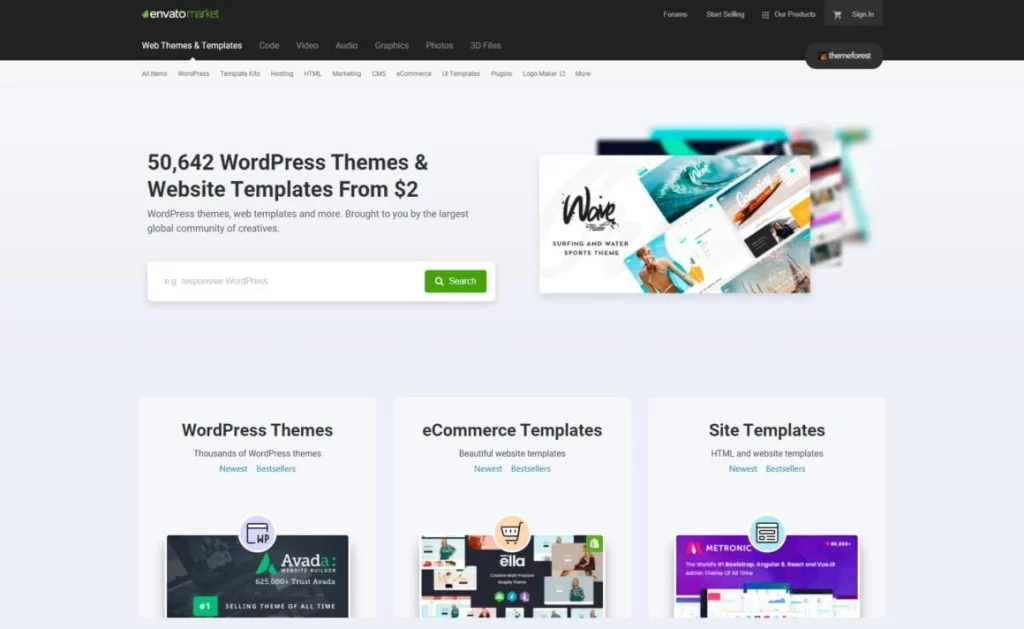 Начальная страница Envato Market с предложениями тем и шаблонов.