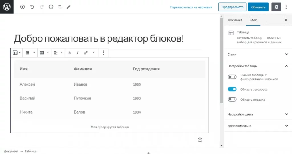 Блок Таблица – Блоки WordPress – как правильно использовать редактор Гутенберг